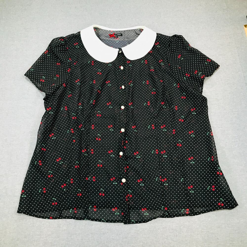 Hell Bunny Women's 4XL Blouse Black Cherry Polka Dot Peter Pan Collar Retro AY4